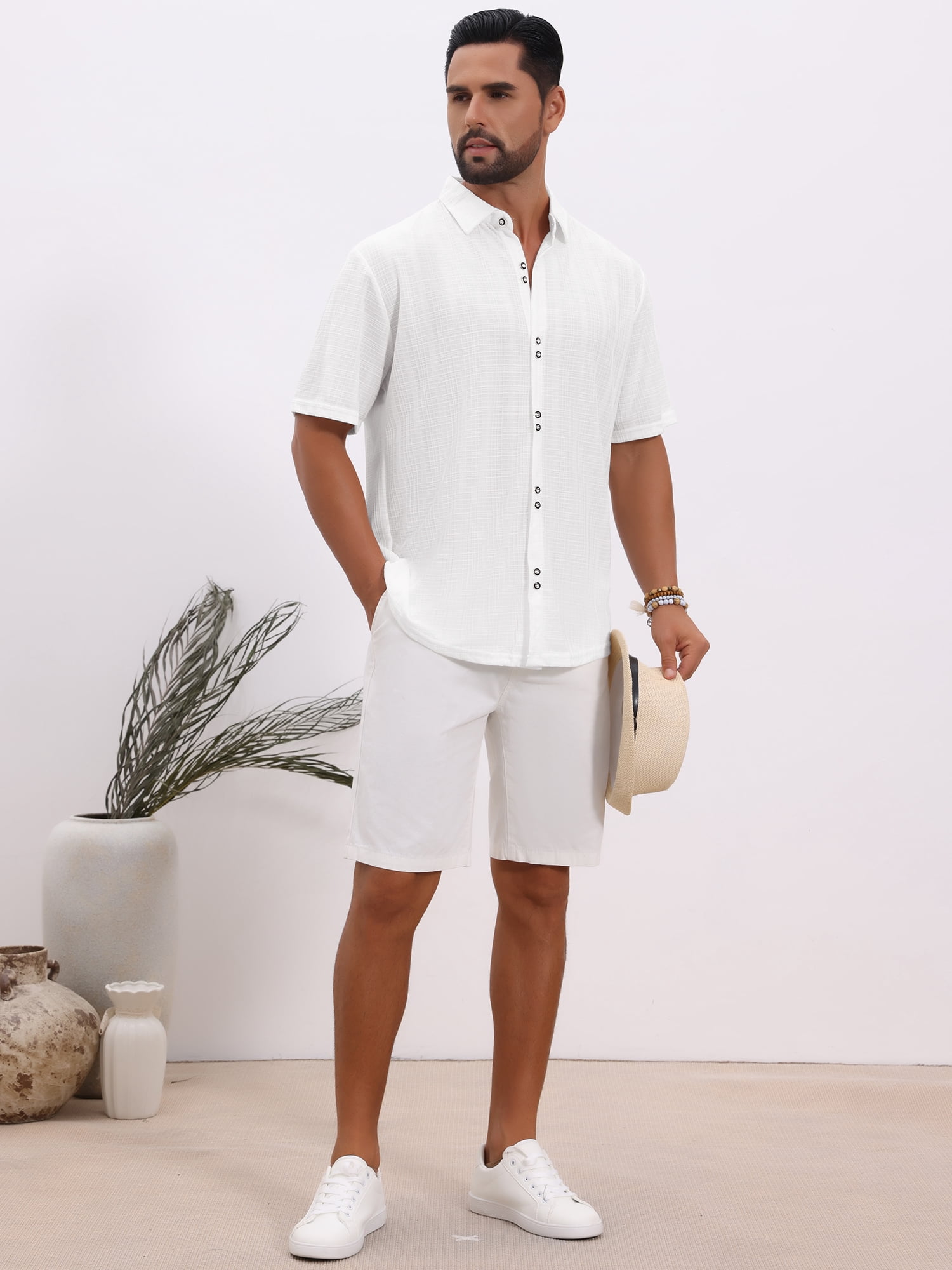 DARING DIVA Men's Texture Short Sleeve Button Down Casual Knitted Shirt M White