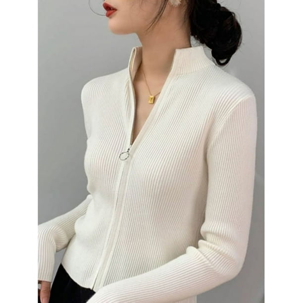 Cárdigan con cremallera para mujer, suéteres tejidos de manga larga con cuello levantado, suéter corto de moda coreana para primavera y otoño
