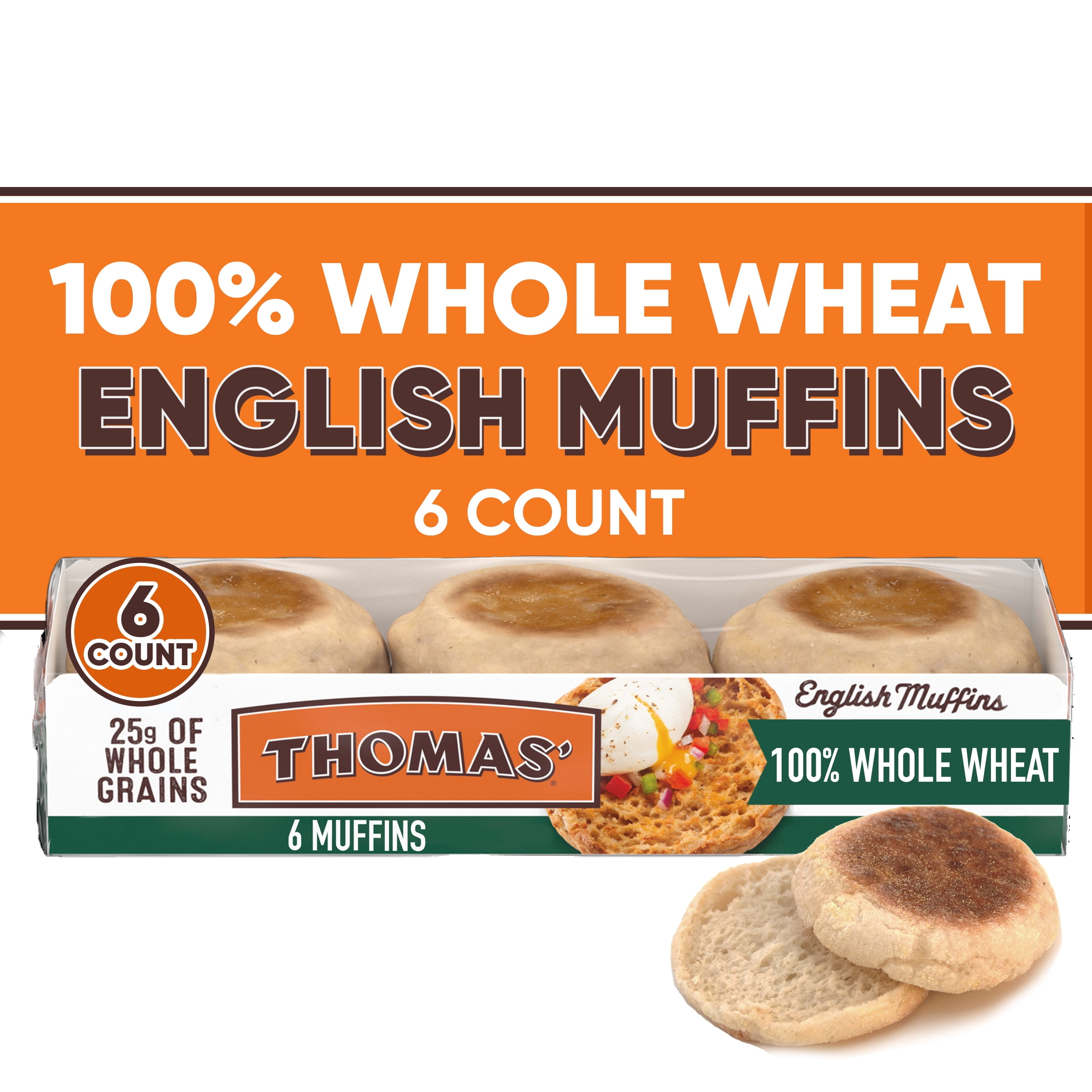 Thomas' 100% Whole Wheat English Muffin, Made with Whole Grains, 6 count, 12 oz