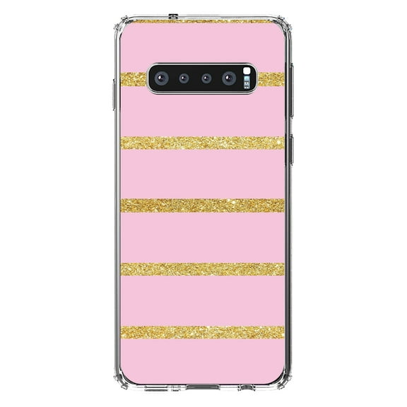 DistinctInk Clear Shockproof Hybrid Case for Samsung Galaxy S10  PLUS(6.4" Screen) - TPU Bumper, Acrylic Back, Tempered Glass Screen Protector - Pink & Gold Print - Horizontal Stripes Pattern