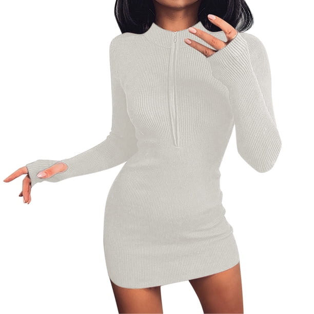 Gibobby Vestido casual para mujer Vestido de suéter ajustado sin espalda de punto con cuello en V y manga larga para mujer(Blanco,M)