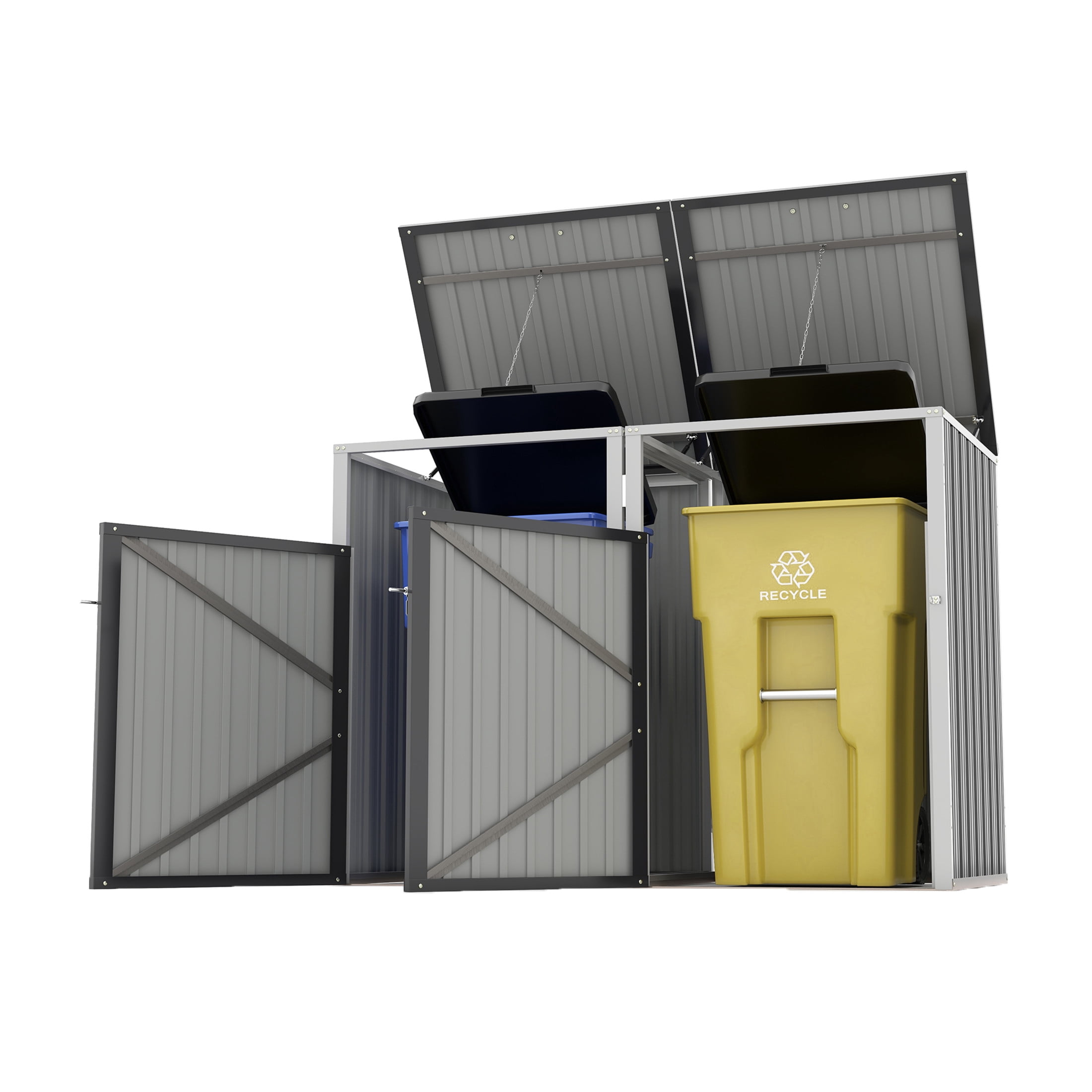 Noble House Outdoor Garbage Bin Shed for 2 Trash Cans, Lockable Galvanized Steel Garbage Bin Enclosure, Dark Gray