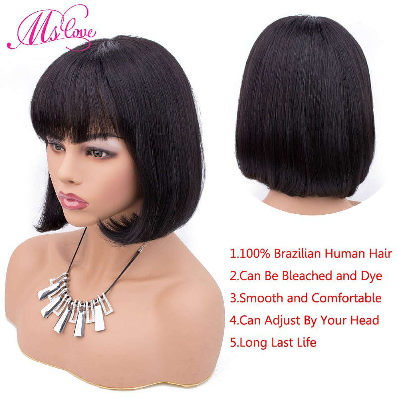 Wigs With Bangs Human Hair Bob Wig For Women Short 12inch 100% Remy Human Hair Wigs Non Lace Front Wigs Machine Made 150% Density Natural Black Color