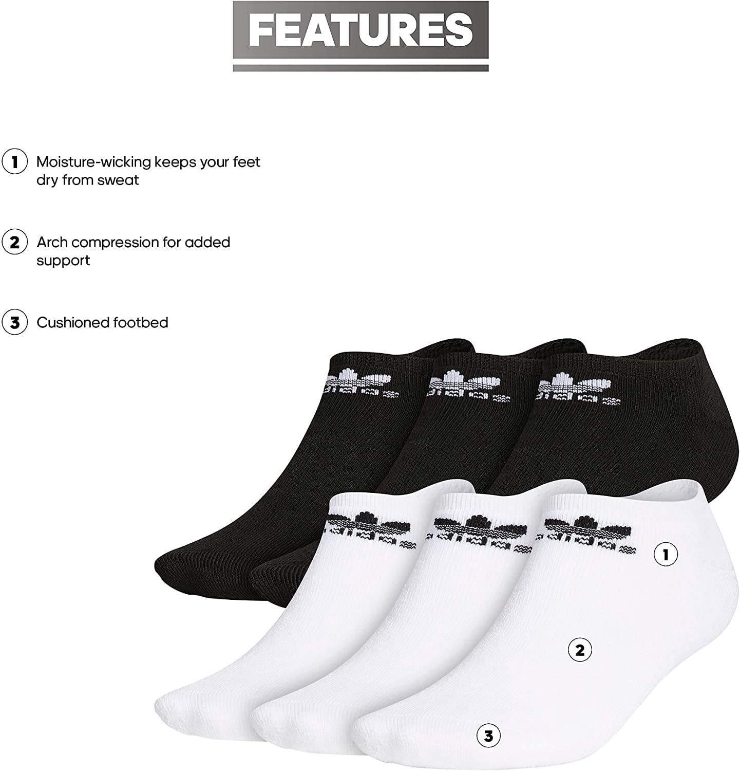 adidas Originals Men's Trefoil No Show Sock (6-Pair), White/Black Black/White, Large, (Shoe Size 6-12)