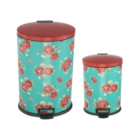 Pioneer Woman 10.5 gal & 3.1 gal Stainless Steel Kitchen Garbage Can Combo, Vintage Floral