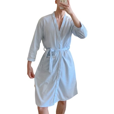 

Sunnymall Men Nightgown Solid Color Long Sleeve V Neck Homewear Bathrobe Spring Autumn Pure Color Pockets Robe for Home