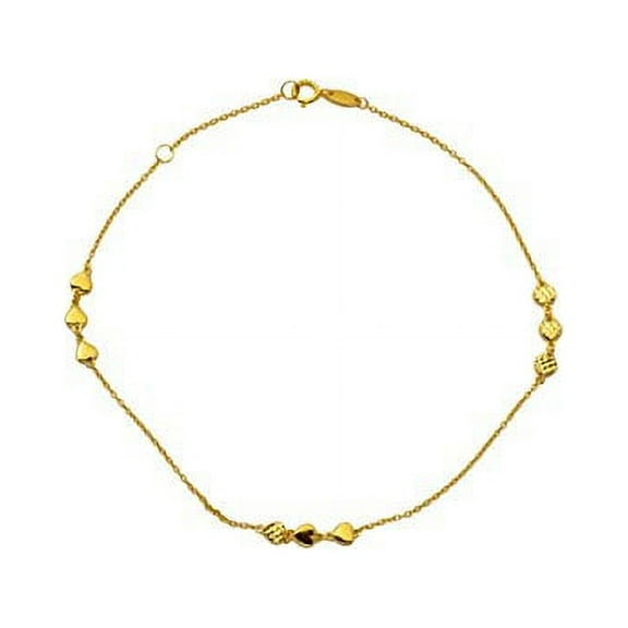 LoveBling 10K Yellow Gold .5mm Diamond Cut Rolo Chain with Reversible Hearts Charm Anklet Adjustable 9" to 10" (#59)