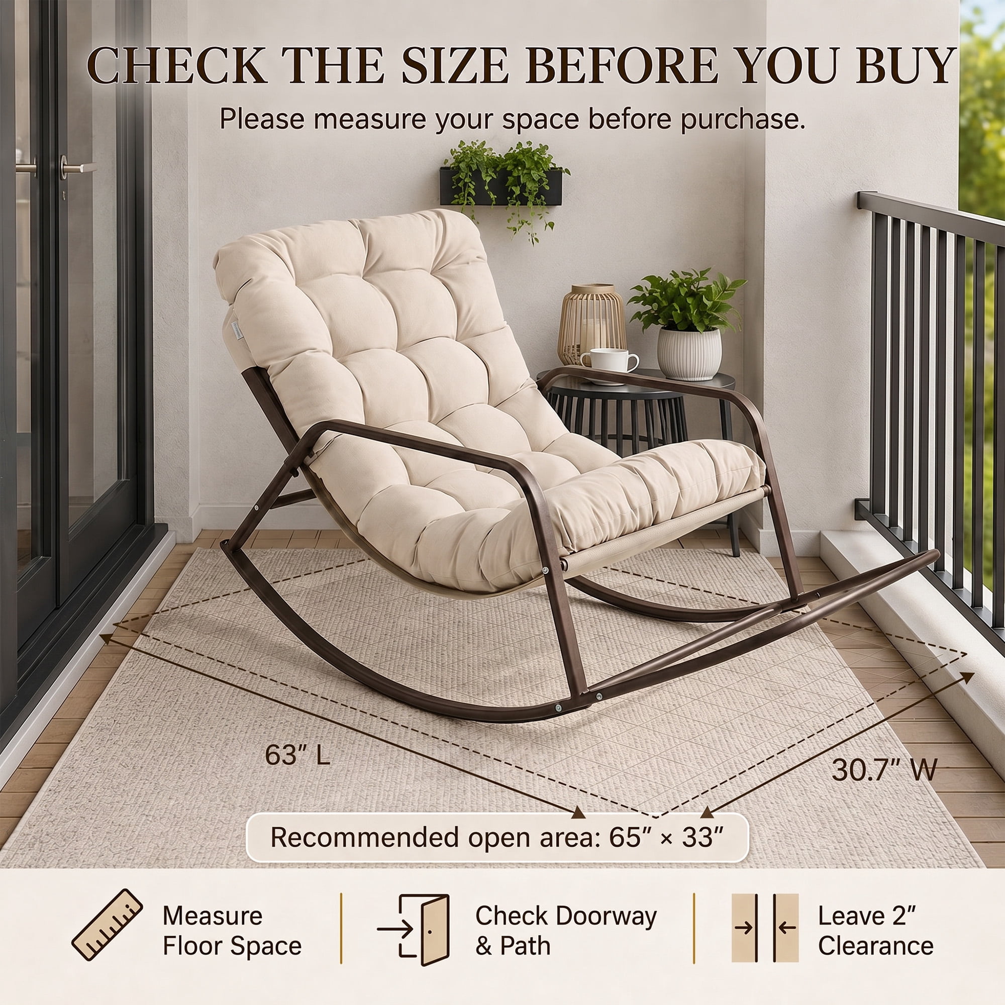 RADIATA Oversize Rocking Chair with Cushion & Footrest, Indoor Outdoor Rocking Chair Recliner, 430 lbs Capacity, Beige