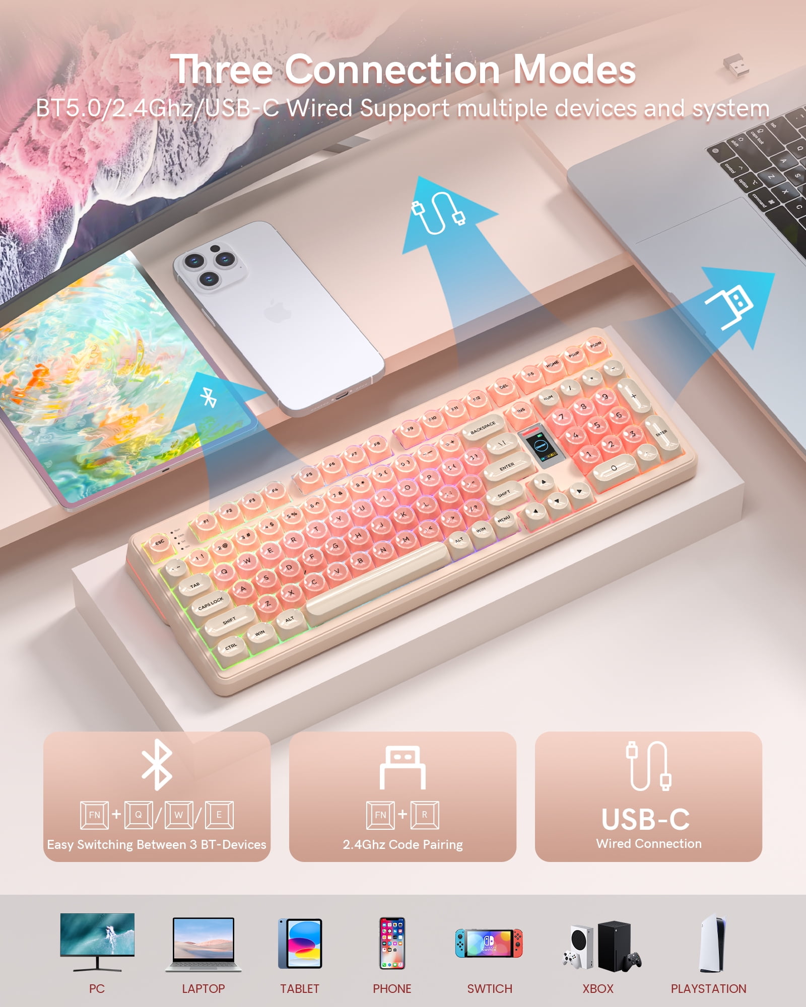 COSTOM Wireless Mechanical Keyboard, 98% Hot Swappable Custom Keyboards Gaming Keyboard,3 Mode with Multimedia Screen,RGB Backlit,Crystal Jelly keycaps for Win/Mac,Pink