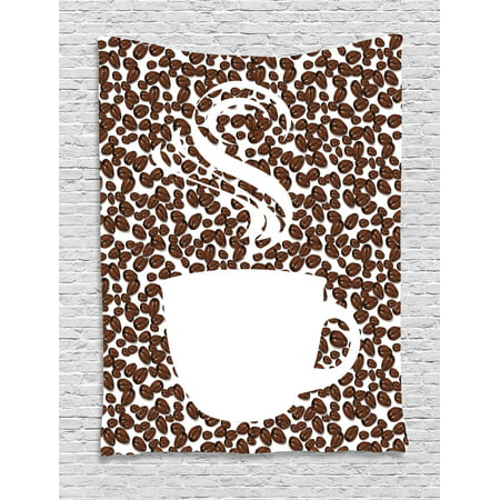Coffee Tapestry, Piping Hot Java Cup Silhouette on Fresh and Aromatic Arabica Beans Gourmet Choice, Wall Hanging for Bedroom Living Room Dorm Decor, 40W X 60L Inches, Brown White, by