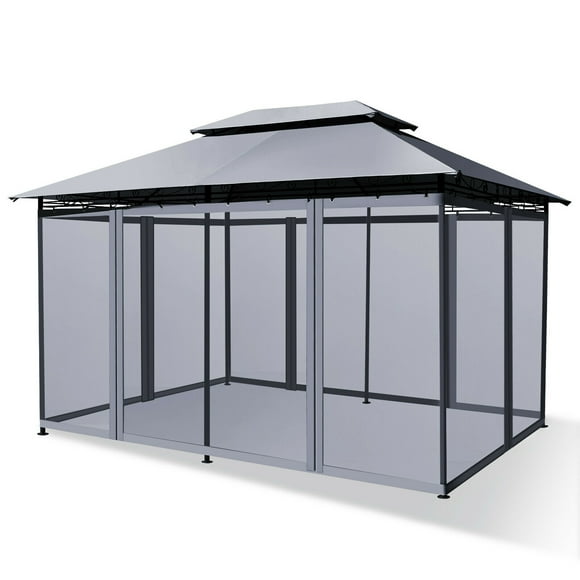 Gymax 2-Tier 10'x13' Acier Gazebo Tente Abri Terrasse Jardin Extérieur Filet Gris
