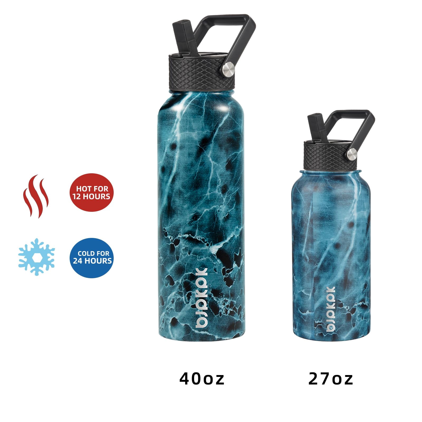 BJPKPK Insulated Water Bottles with Straw Lid, 40oz Stainless Steel Water Bottles with 3 Lids, Large Metal Water Bottle, BPA Free Leakproof Thermos Water Bottle for Sports & Gym- Ocean