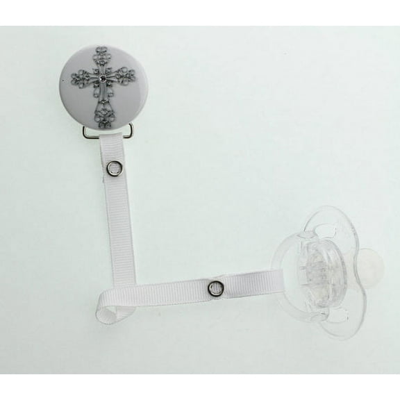 Cross With Swarovski Crystal Center Ribbon Pacifier Clip