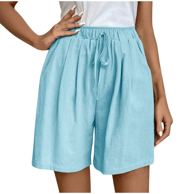 Timegard Shorts for Women Elastic High Waist Straight Leg Lightweight Casual Ruched Solid Color Shorts