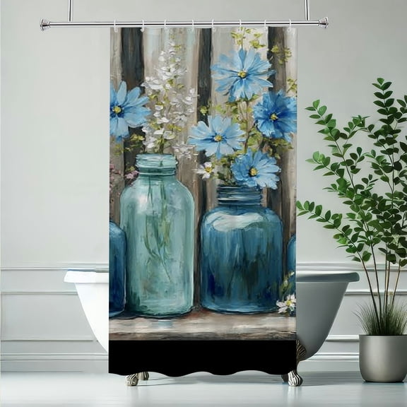 RKSupls Christmas Shower Curtain, Blue Mason Jars Flowers Shower Curtain with Hooks for Christmas Home Bathroom Decor Washable Curtains, 36x72 in