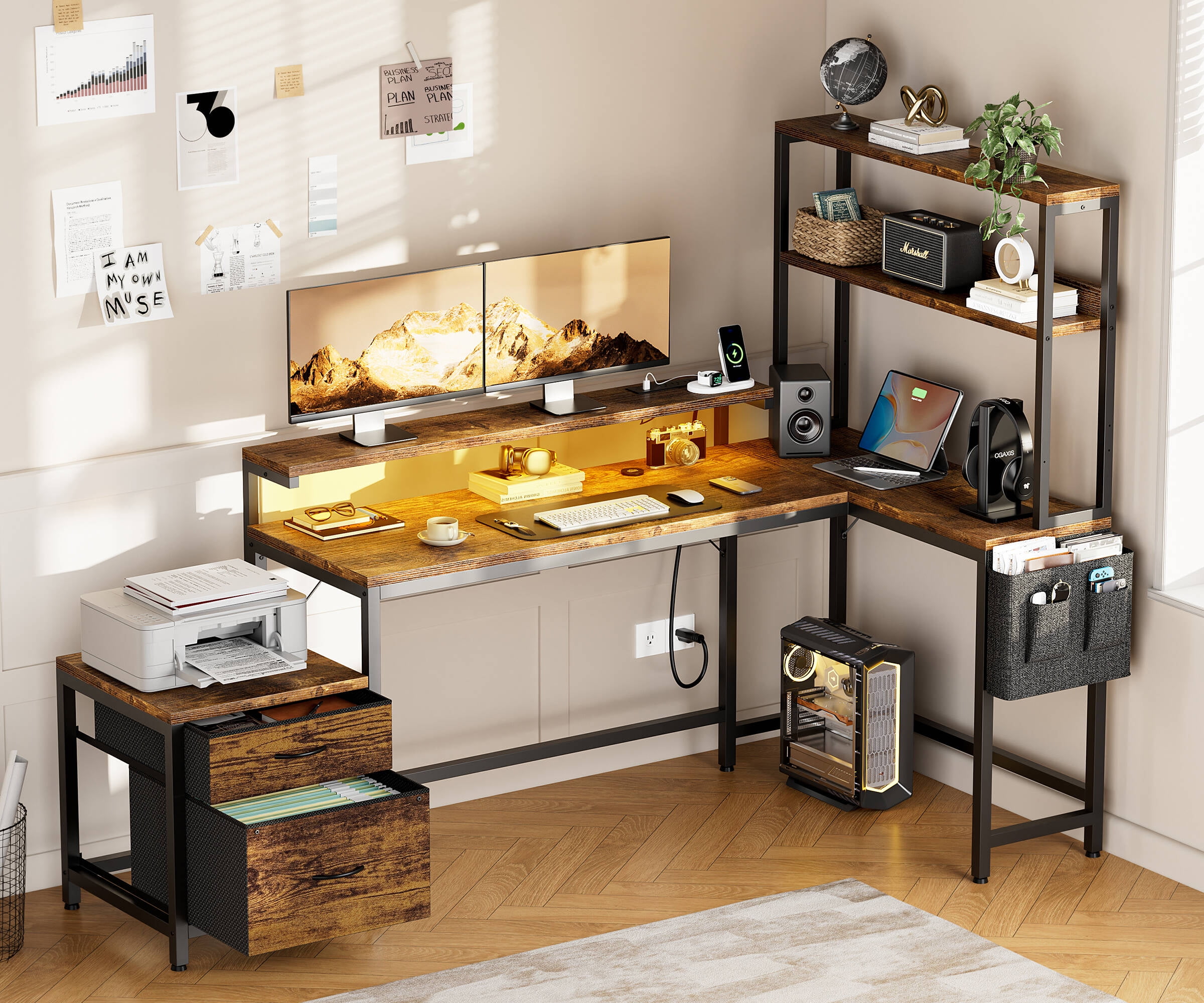 GUNAITO L Shaped Gaming Desk with CPU Stand, 71" Corner Computer Desk,Reversible Office Desk with File Drawers Cabinet,3-Tier Shelf,Rustic Brown