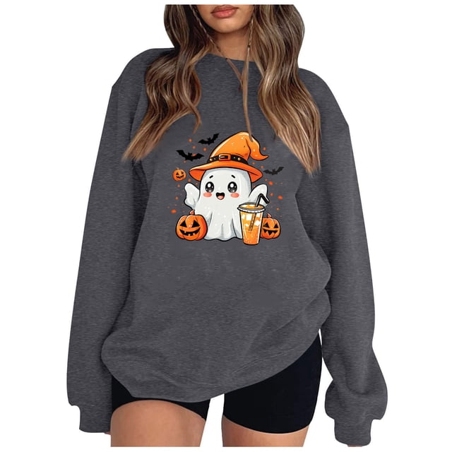 Pisexur Chandail en Molleton Halloween pour Femmes Manches Longues Col Rond Chandails en Molleton Mode Citrouille Graphique Chandails en Molleton Halloween Chandails à Capuchon Chandail Tops