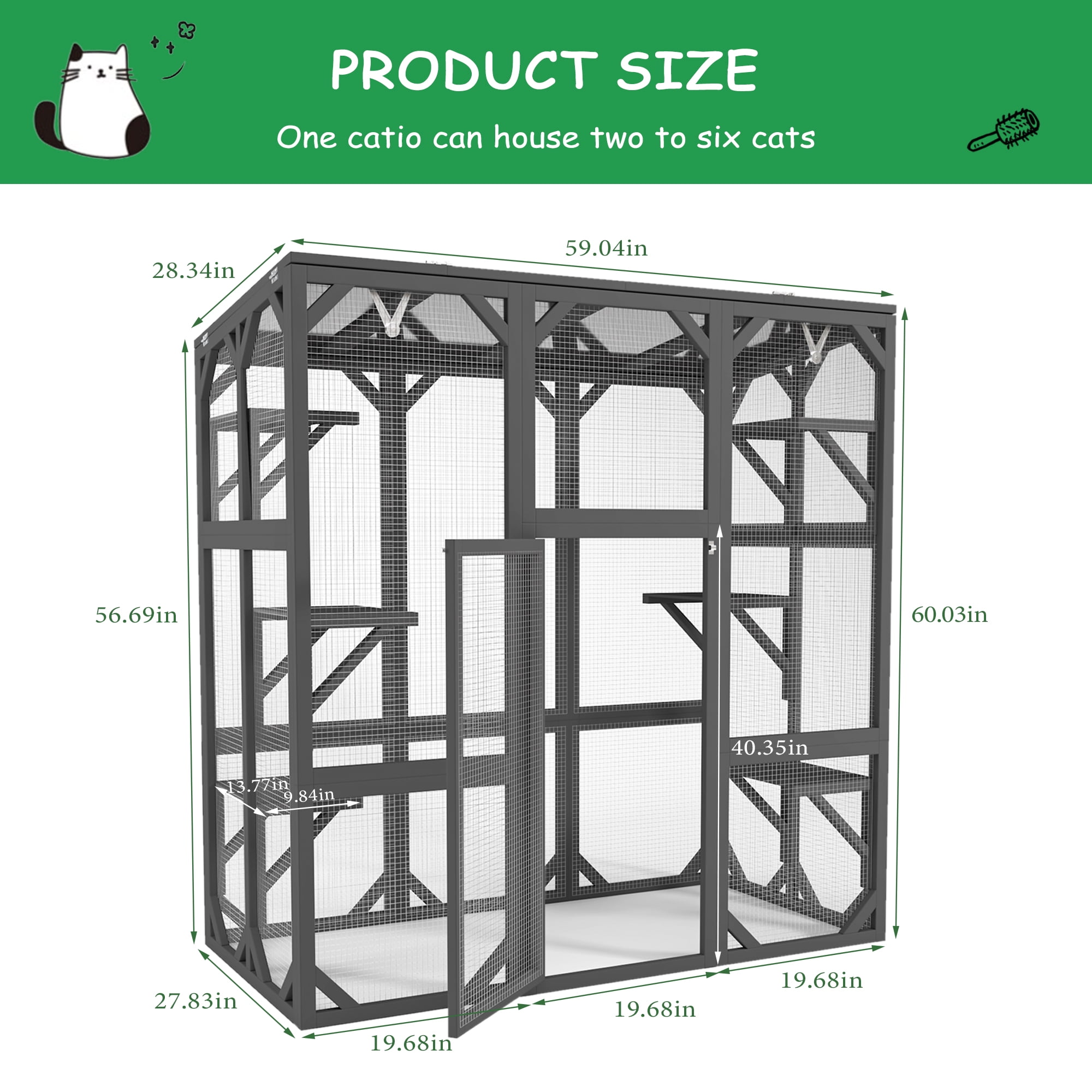 Catio Outdoor Cat Enclosure Cat House Wooden Cat Cage Large Feral Cat Shelter for Mulitiple Cats with Six Platforms, Large Enter Door, Waterproof Roof 60" Grey