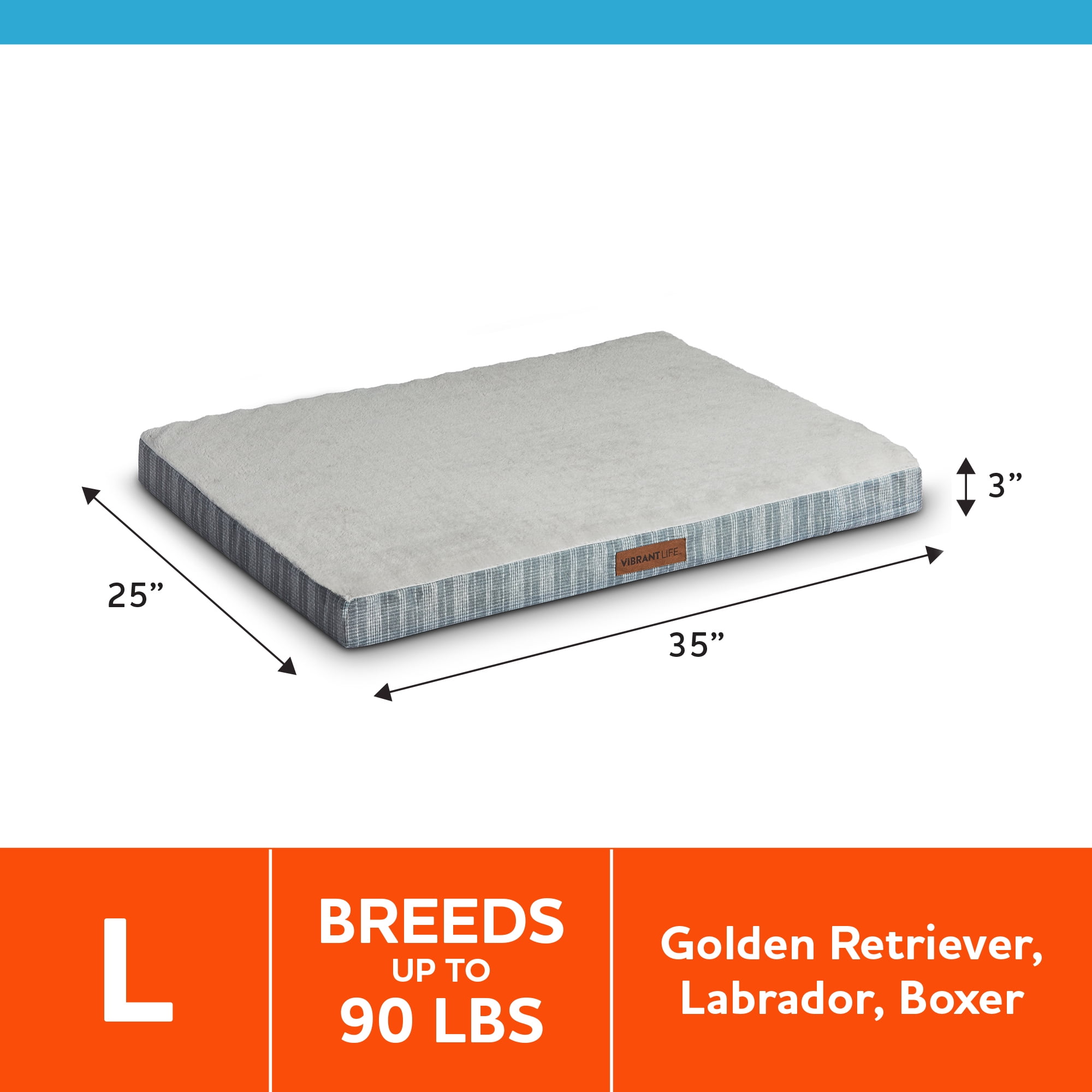 Vibrant Life Large Orthopedic Foam Dog Bed for Large Breeds, 35" x 25", Grey