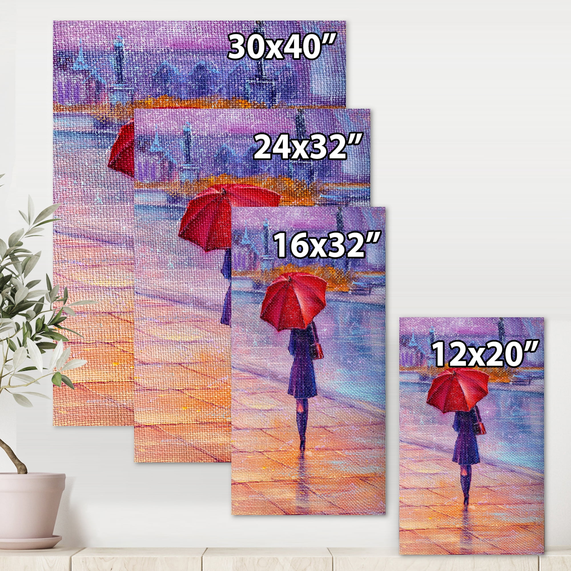 Designart ' Girl Walking With Red Umbrella Under The Rain ' French Country Canvas Wall Art Print
