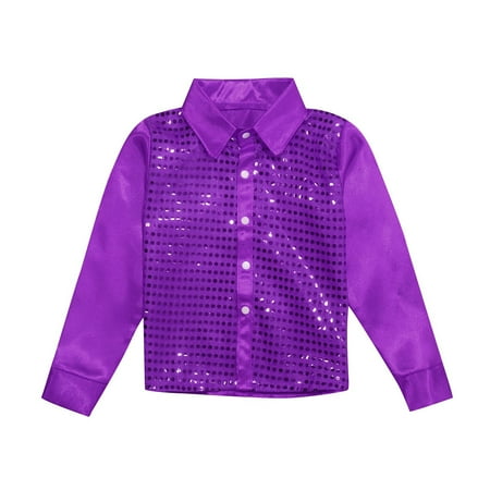 

Kids Girls Sparkly Sequins Dance Top Boys Long Sleeve Button Down Shirt for Jazz Dance Performance