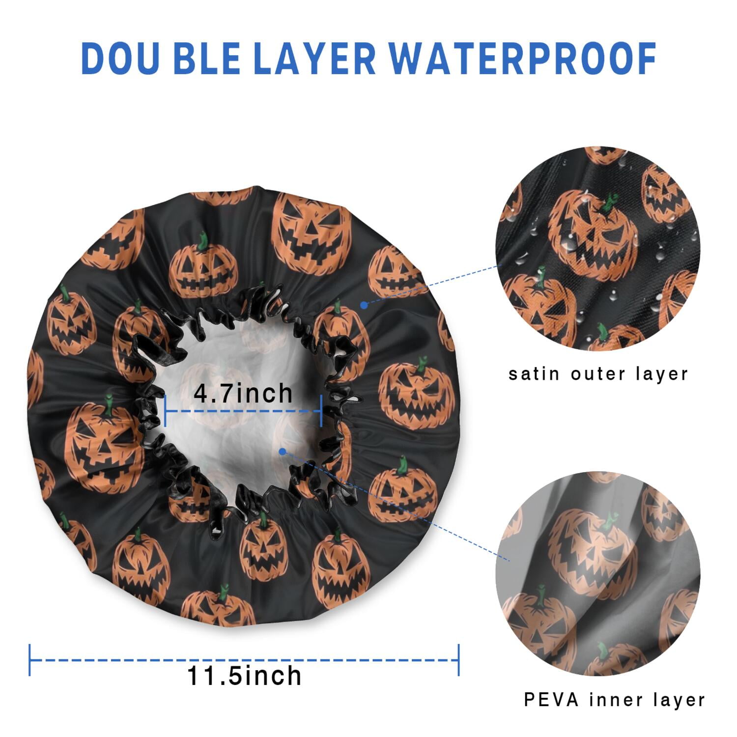 Shower Caps,Halloween Spooky Pumpkins Pattern Waterproof Shower Cap for Women 4 Pieces,Double Reusable Hair Cover for Shower PEVA Elastic Stretch Hem