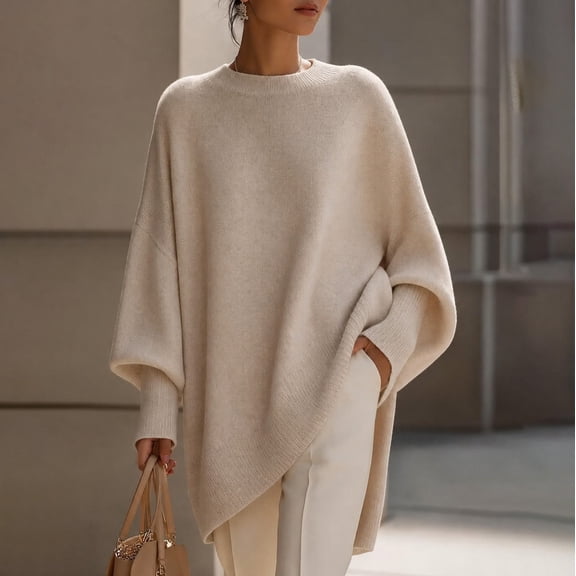 IUYRTFE Women's Round Neck Batwing Sleeve Knit Pullover Loose Oversized Casual Tunic Sweater