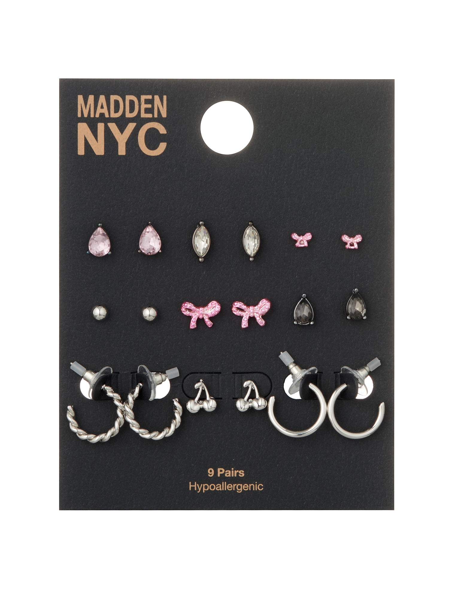 Madden NYC Women's Fashion Rhodium Romantic Bow & Cherry Earring 9-Piece Set