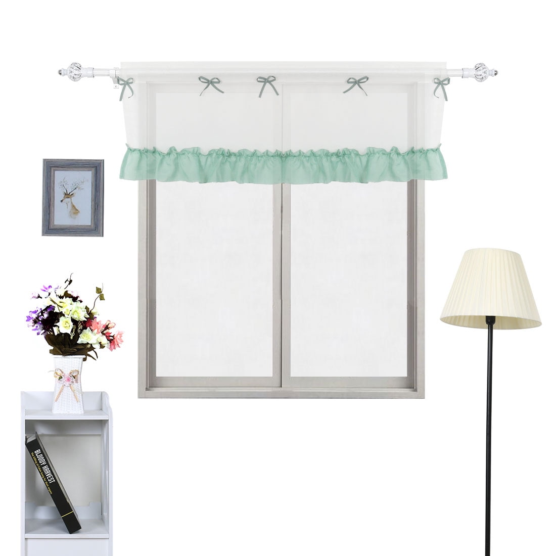 Polyester Blackout Short Curtain Window Valance Green White 61 Inch x