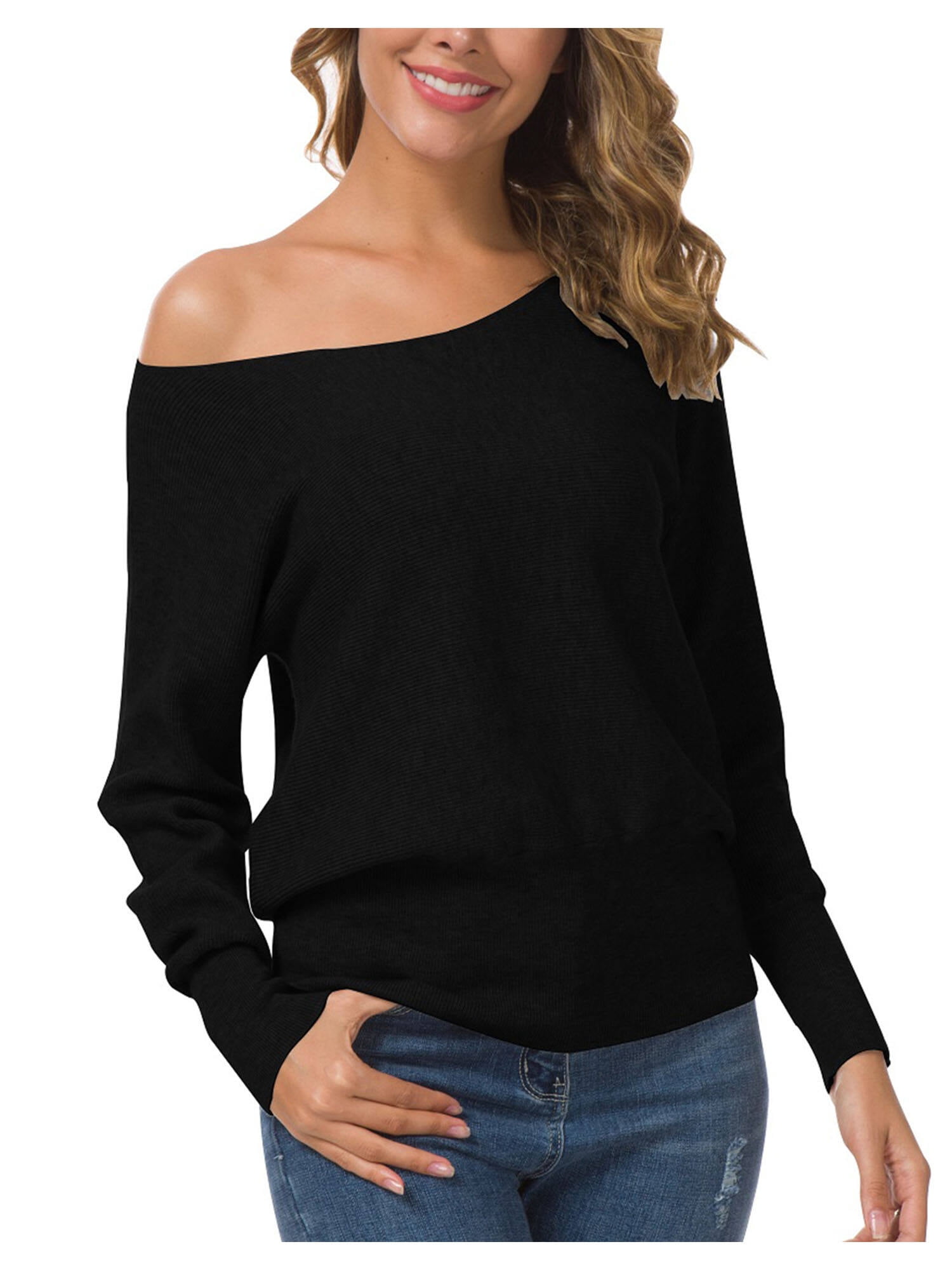 Anygrew Womens Off Shoulder Sweater Pullover Sweater For Women Knit Jumper,Black