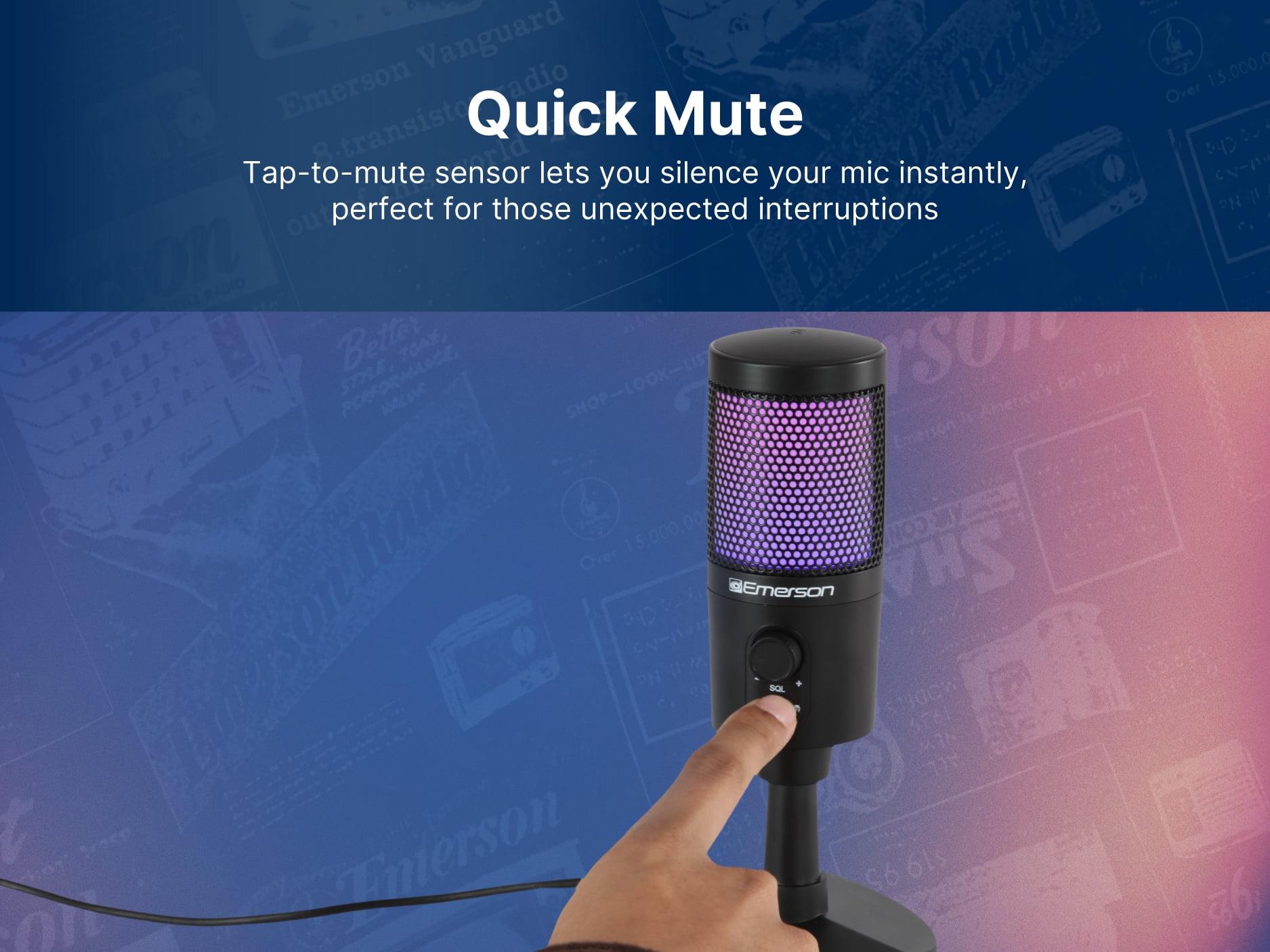 Emerson USB Gaming & Streaming Microphone with RGB Lighting with Tap-to-Mute