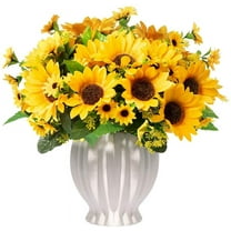 Fall Artificial Flowers in Ceramics Vase, Silk Flower Arrangements, Faux Sunflowers Bouquets with Vase for Desktop Decoration (Ripple Ceramic Sunflower)