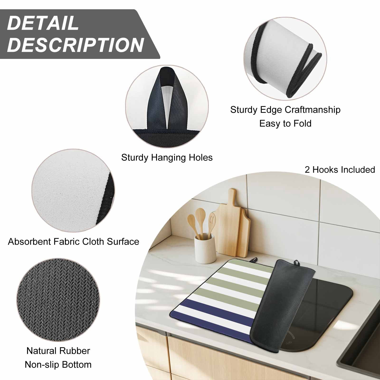 Striped Anchor Stove Top Cover for Electric Stove, Heat-proof & Non Slip Glass Top Stove Cover Protector, Navy Blue Nautical Sage Green Geometric Kitchen Flat Cooktop Rubber Mat 36x21 Inches