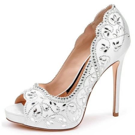 XYD Women Bride Peep Toe Platform Pumps Rhinestones Studded Satin Stiletto High Heels Slip On Wedding Shoes Size 6.5 White