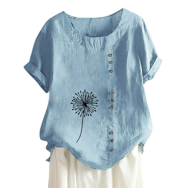 Mujeres Casual Algodón y Lino Top Impreso Manga Corta Botón Túnica Camiseta Blusa Tops Fridja nalpqowj29400