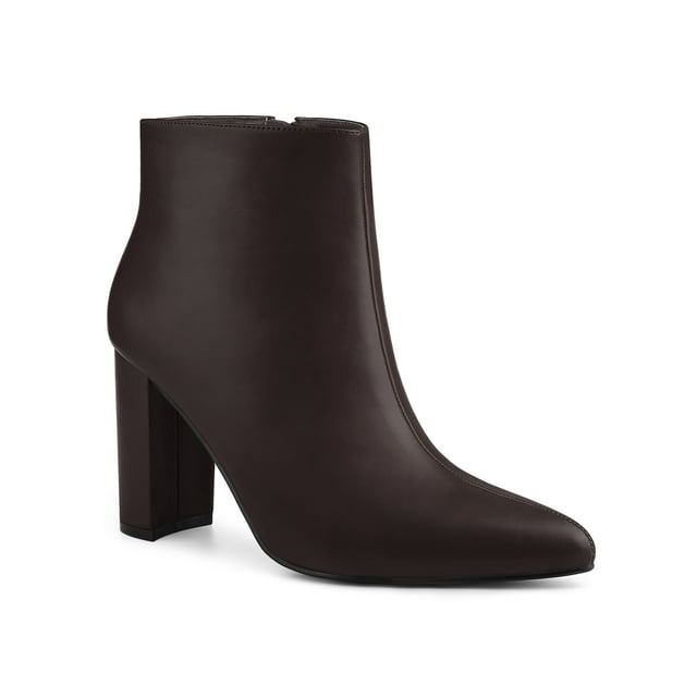 Unique Bargains Women's Pointed Toe Side Zip Block Heeled Ankle Boots Coffee (Size 8)