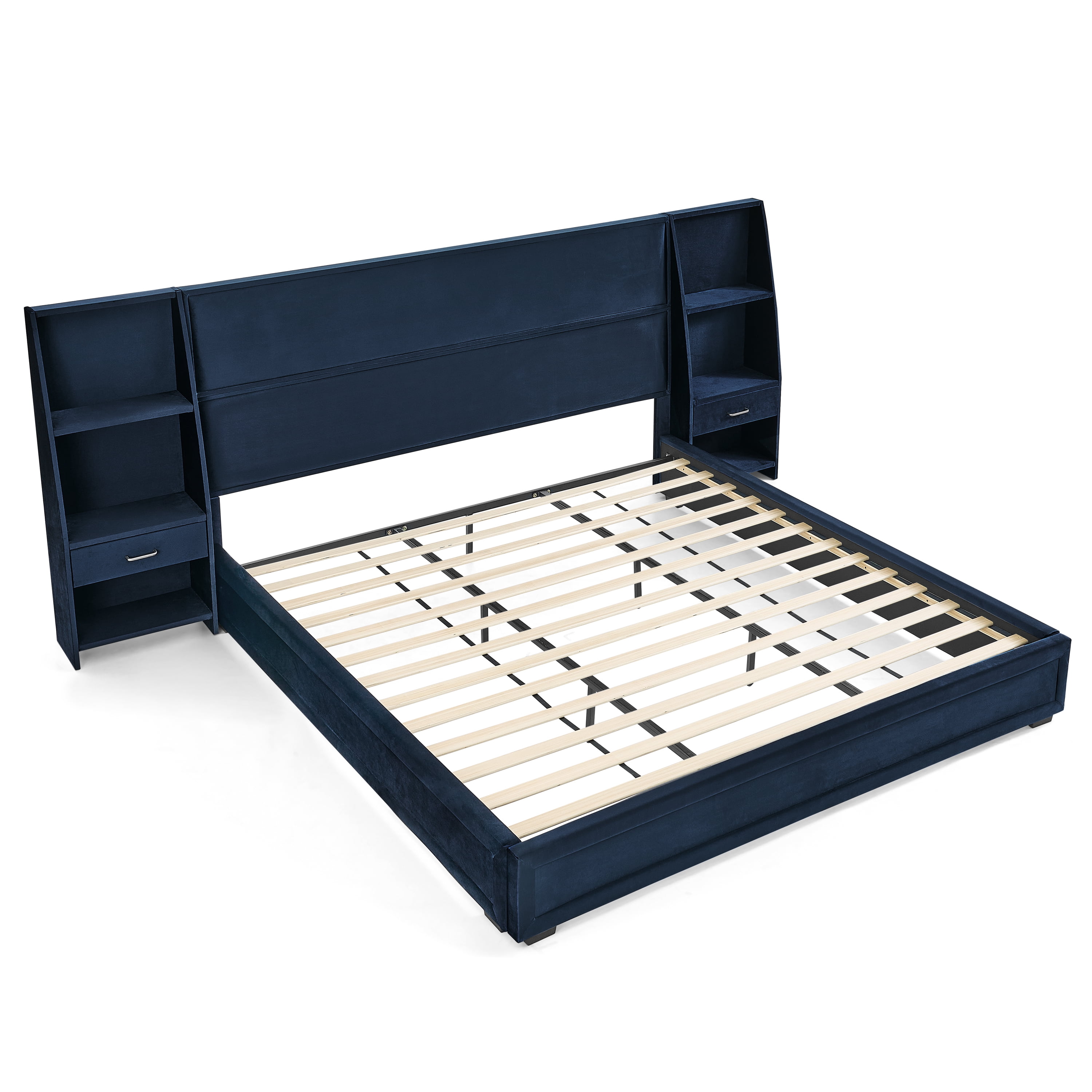 King Size Platform Bed Frame with Glossy Velvet Headboard, Side Bookcases & Drawer