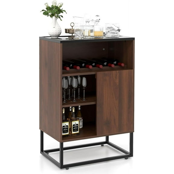 LOKO Wine Cabinet with Storage, Wine Bar Rack Cabinet with Tempered Glass Top, Wine Rack, Adjustable Shelf & Sliding Door, Small Sideboard Buffet Cabinet with Ant-toppling Device, Walnut