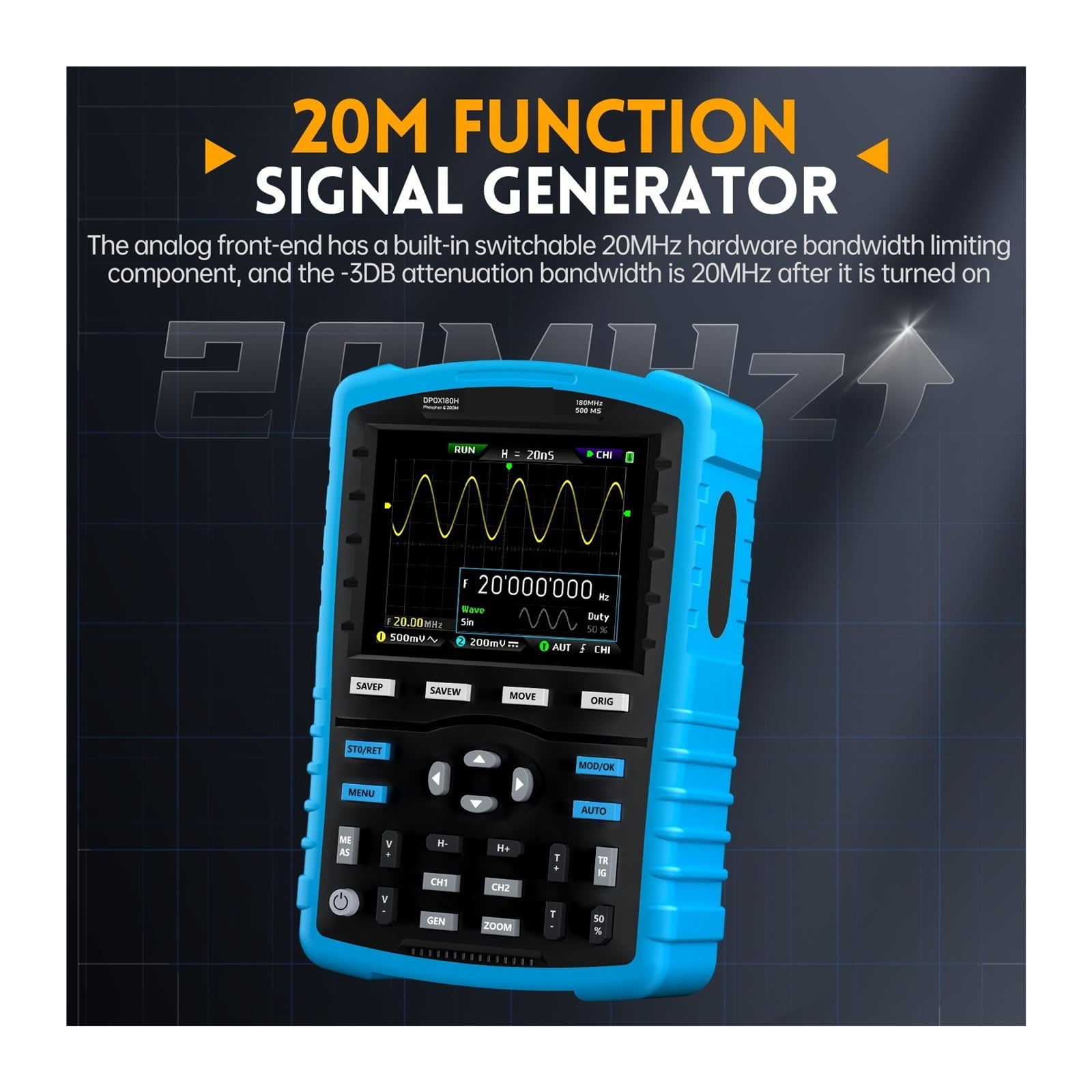 Handheld Digital Phosphor Oscilloscope 2 in 1 Signal Generator 180MHz -3DB Analog Bandwidth 500MSPS XY Mode ,Professional Designed