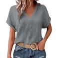 thumbnail image 2 of Womens T Shirts Summer V Neck Short Sleeve Casual Tops Loose Basic Tees with Double-Layered Pleated, 2 of 8