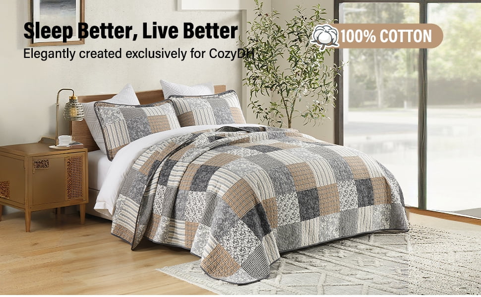 CozyDH 3-Piece 100% Cotton Rustic/Lodge Queen Quilt Set, Brown Plaid Patchwork Bedspread with 2 Shams