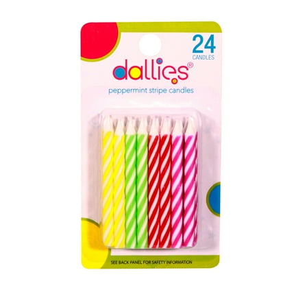 Dallies (Xcell) Peppermint Striped Birthday Candles, Assorted Colors, 24ct
