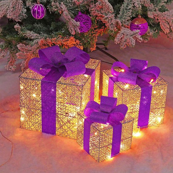 EQWLJWE Battery Powered LED Light Up Christmas Boxes Ornaments, ABS Purple, 10.92 x 10.92 x 10.53(L x W x H)