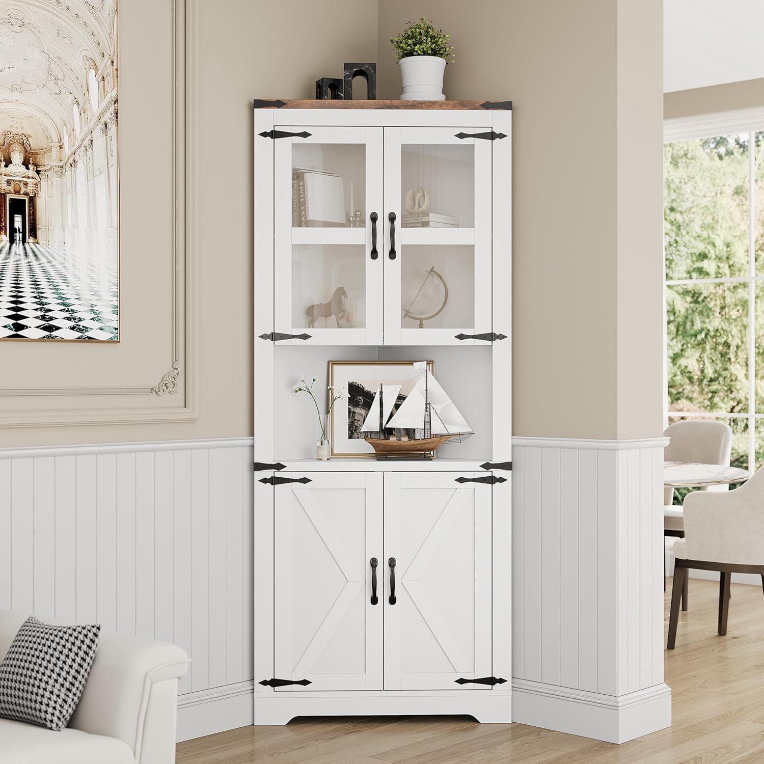 67 in Tall Corner Storage Cabinet with Lights, Farmhouse Corner Hutch Display Cabinet with Glass Doors, Wooden Storage Organizer for Kitchen, Living Room, Bathroom, White