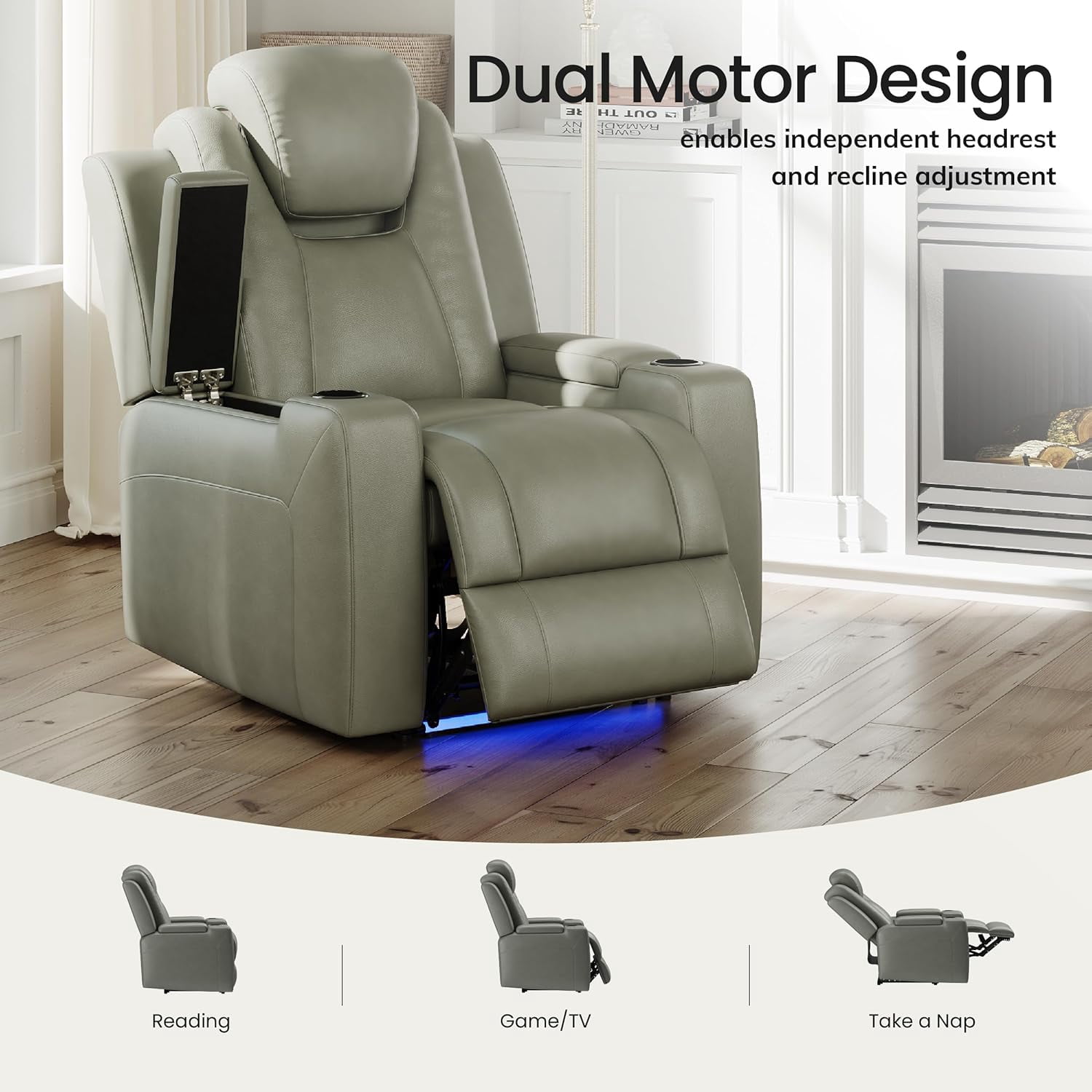 COLAMY Sereno Dual Motors Wall Hugger Power Recliner Chair with Power Headrest for Living Room, Home Theater Seating with Hidden Storage, Gray