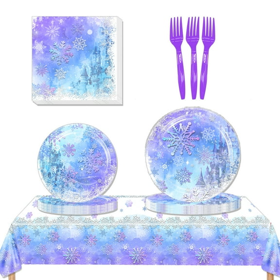 JMOCD 51Pcs Purple Frozen Party Tableware Set, Birthday Party Supplies Decorations Set, tablecloth,Plates, Napkins,Cutlery,10 Guests