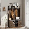 thumbnail image 2 of spanspace Hall Tree with Cushion and Open Shoe Cabinet, 4-In-1 Coat Rack with Storage Bench, Coat Hanger and Adjustable Shelves, 71" Height Hall Tree for Hallway, Living Room, Brown, 2 of 11