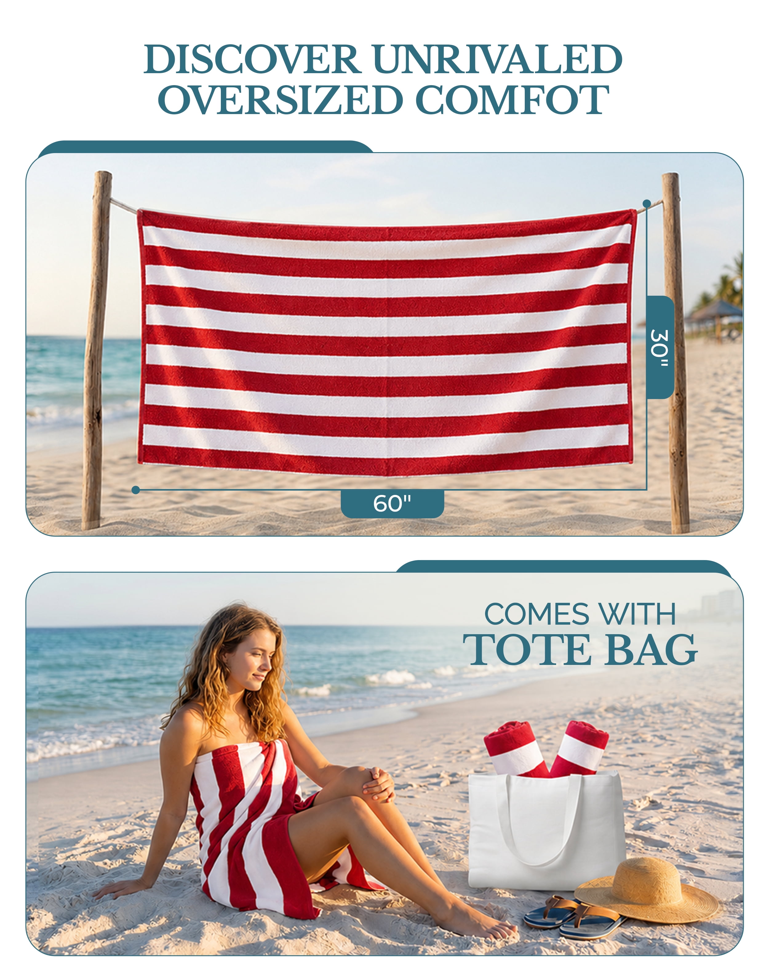Casa Platino 100% Cotton Beach Towel - 2 Pack Cabana Stripe Large Beach Towel, Soft & Quick Dry Pool Towels, Beach Essentials For Women, Quick Dry Towel - Red