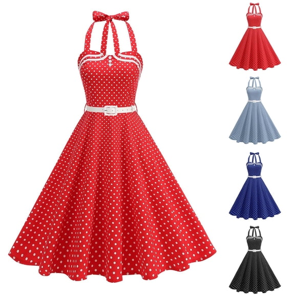 RongHuan Womens Polka Cocktail Swing Dresses Vintage Buttons Belted Halter Neck Dress A Line Wedding Party Dress