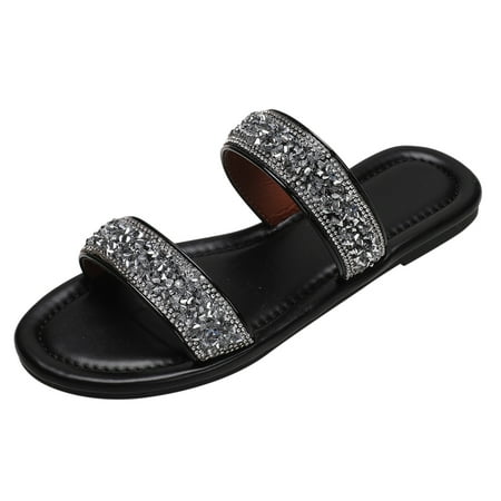 OJSFQUFP Sandals for Women Ladies Beach Slip On Rhinestone Casual Open Toe Non Slip Flat Breathable Slippers Shoes Sandals Women Slippers Black 37